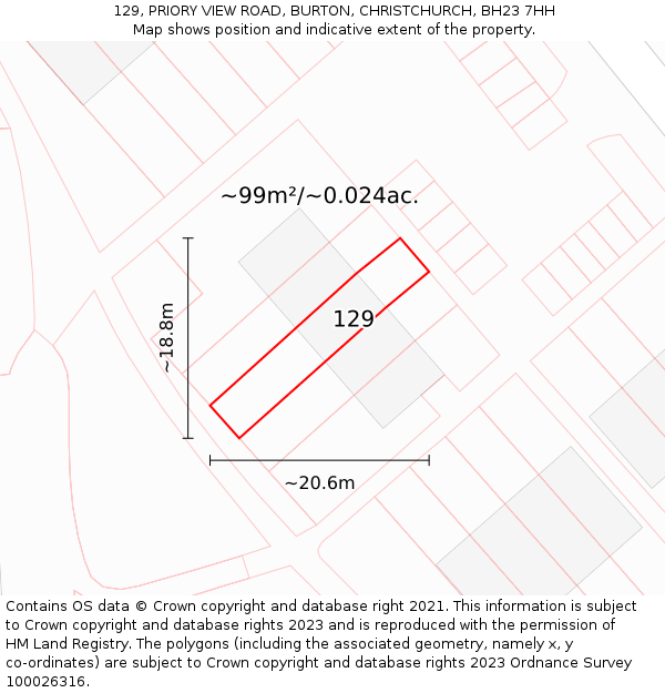129, PRIORY VIEW ROAD, BURTON, CHRISTCHURCH, BH23 7HH: Plot and title map