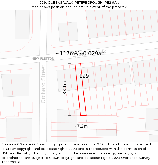 129, QUEENS WALK, PETERBOROUGH, PE2 9AN: Plot and title map