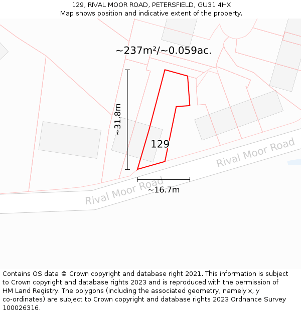 129, RIVAL MOOR ROAD, PETERSFIELD, GU31 4HX: Plot and title map
