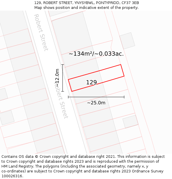129, ROBERT STREET, YNYSYBWL, PONTYPRIDD, CF37 3EB: Plot and title map