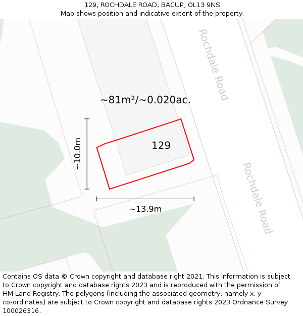 129, ROCHDALE ROAD, BACUP, OL13 9NS: Plot and title map