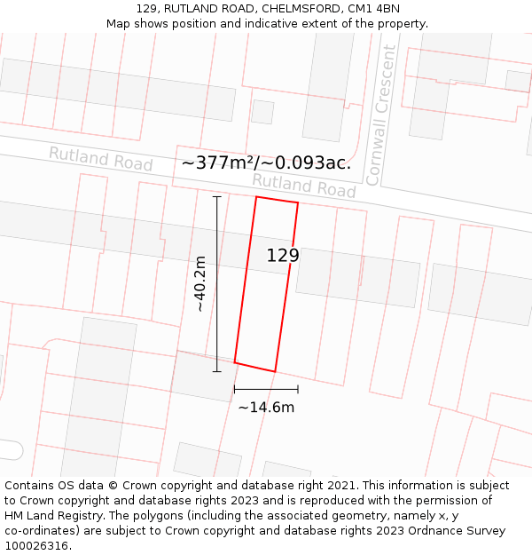 129, RUTLAND ROAD, CHELMSFORD, CM1 4BN: Plot and title map