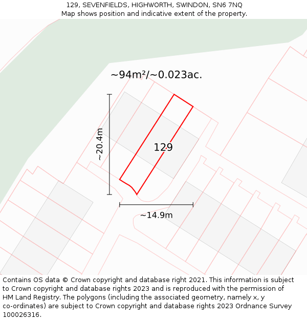 129, SEVENFIELDS, HIGHWORTH, SWINDON, SN6 7NQ: Plot and title map