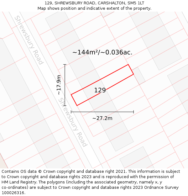 129, SHREWSBURY ROAD, CARSHALTON, SM5 1LT: Plot and title map