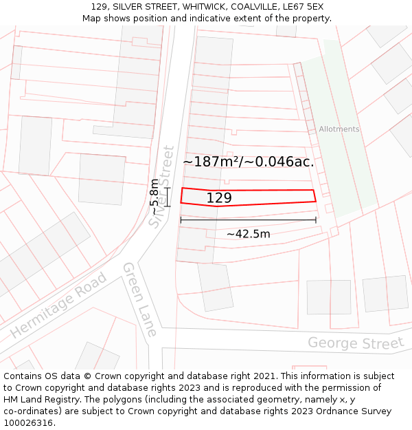 129, SILVER STREET, WHITWICK, COALVILLE, LE67 5EX: Plot and title map