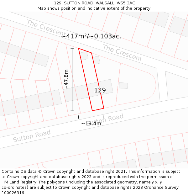 129, SUTTON ROAD, WALSALL, WS5 3AG: Plot and title map