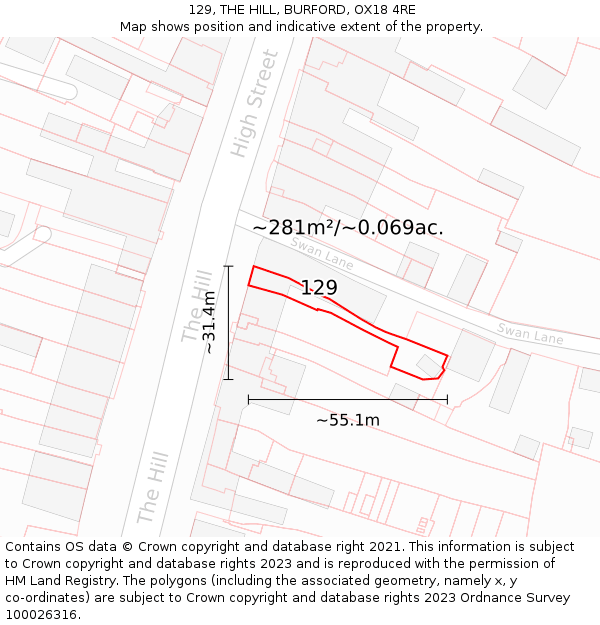 129, THE HILL, BURFORD, OX18 4RE: Plot and title map
