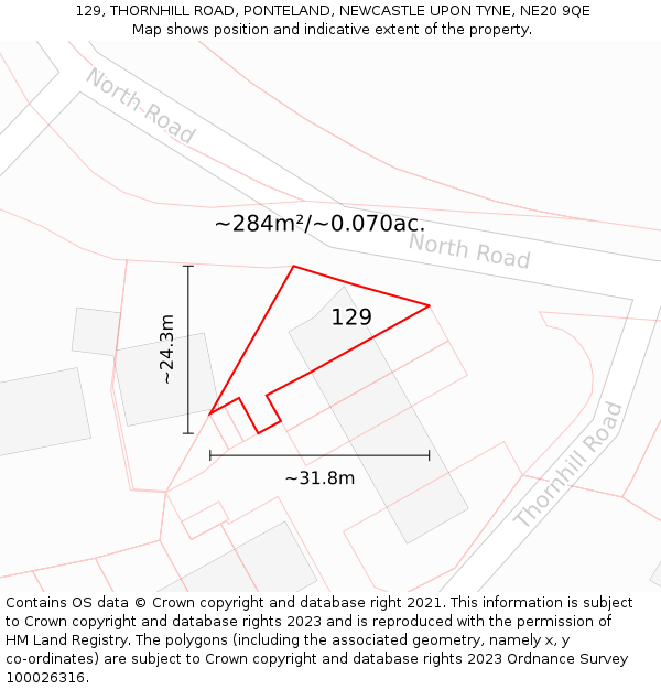 129, THORNHILL ROAD, PONTELAND, NEWCASTLE UPON TYNE, NE20 9QE: Plot and title map