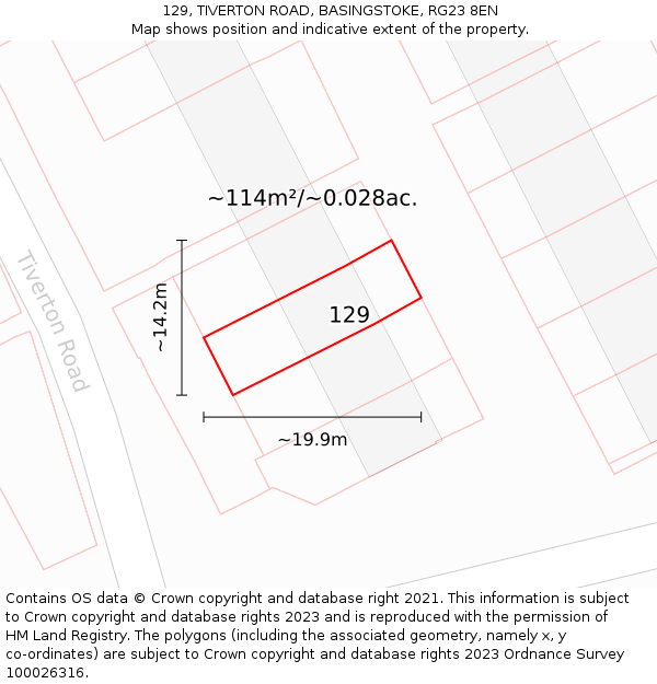 129, TIVERTON ROAD, BASINGSTOKE, RG23 8EN: Plot and title map