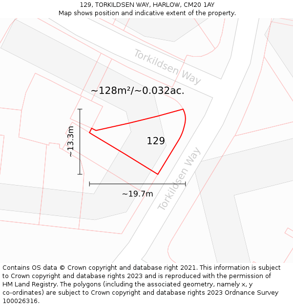 129, TORKILDSEN WAY, HARLOW, CM20 1AY: Plot and title map
