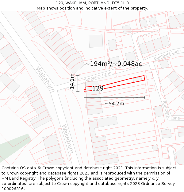 129, WAKEHAM, PORTLAND, DT5 1HR: Plot and title map
