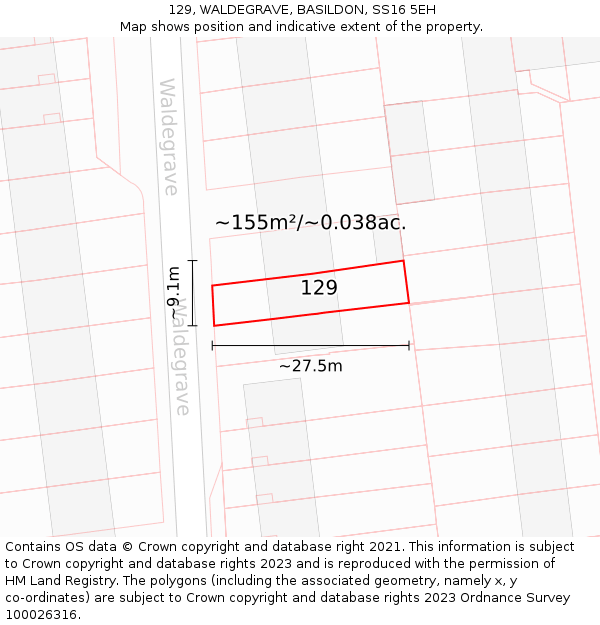 129, WALDEGRAVE, BASILDON, SS16 5EH: Plot and title map