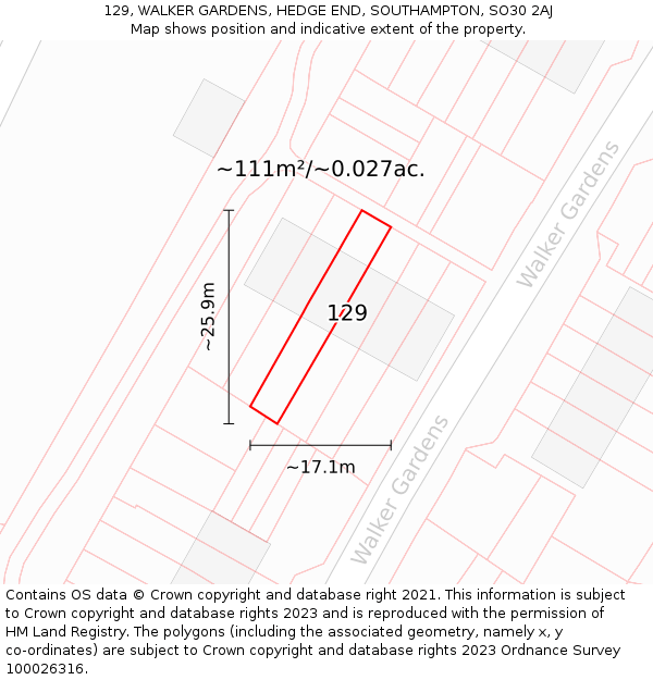 129, WALKER GARDENS, HEDGE END, SOUTHAMPTON, SO30 2AJ: Plot and title map