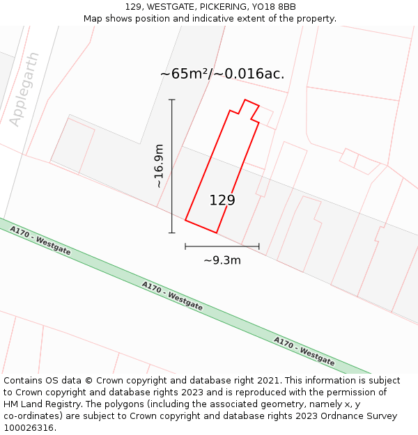 129, WESTGATE, PICKERING, YO18 8BB: Plot and title map