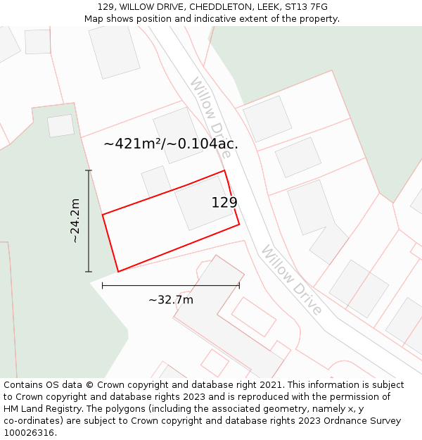129, WILLOW DRIVE, CHEDDLETON, LEEK, ST13 7FG: Plot and title map