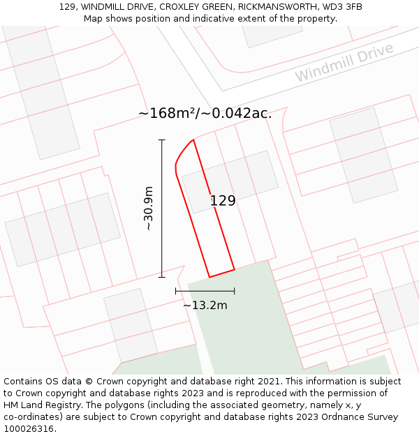 129, WINDMILL DRIVE, CROXLEY GREEN, RICKMANSWORTH, WD3 3FB: Plot and title map