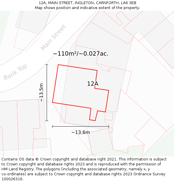 12A, MAIN STREET, INGLETON, CARNFORTH, LA6 3EB: Plot and title map