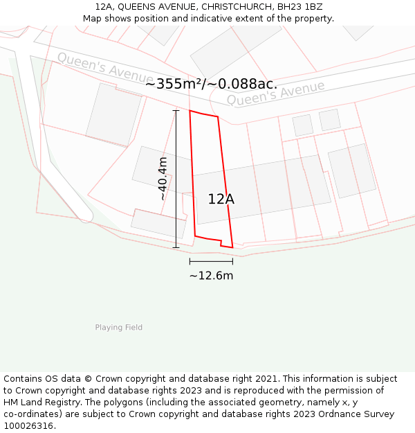 12A, QUEENS AVENUE, CHRISTCHURCH, BH23 1BZ: Plot and title map