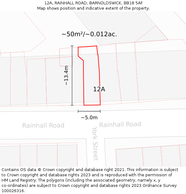 12A, RAINHALL ROAD, BARNOLDSWICK, BB18 5AF: Plot and title map
