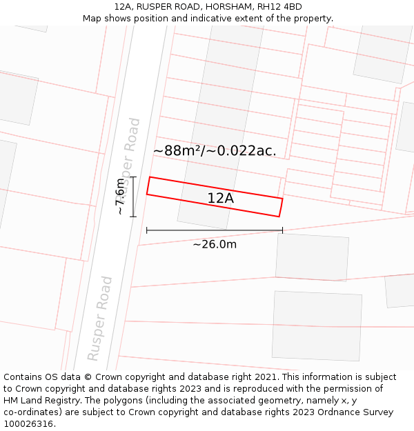 12A, RUSPER ROAD, HORSHAM, RH12 4BD: Plot and title map