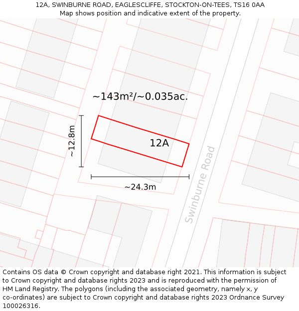 12A, SWINBURNE ROAD, EAGLESCLIFFE, STOCKTON-ON-TEES, TS16 0AA: Plot and title map