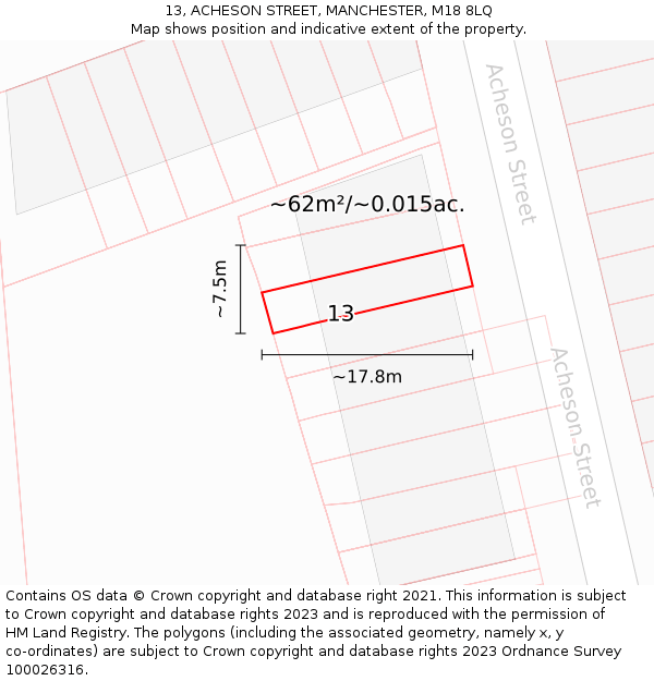 13, ACHESON STREET, MANCHESTER, M18 8LQ: Plot and title map