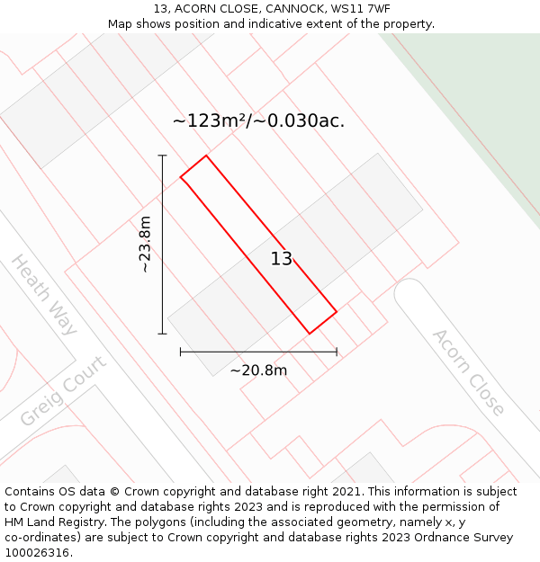 13, ACORN CLOSE, CANNOCK, WS11 7WF: Plot and title map