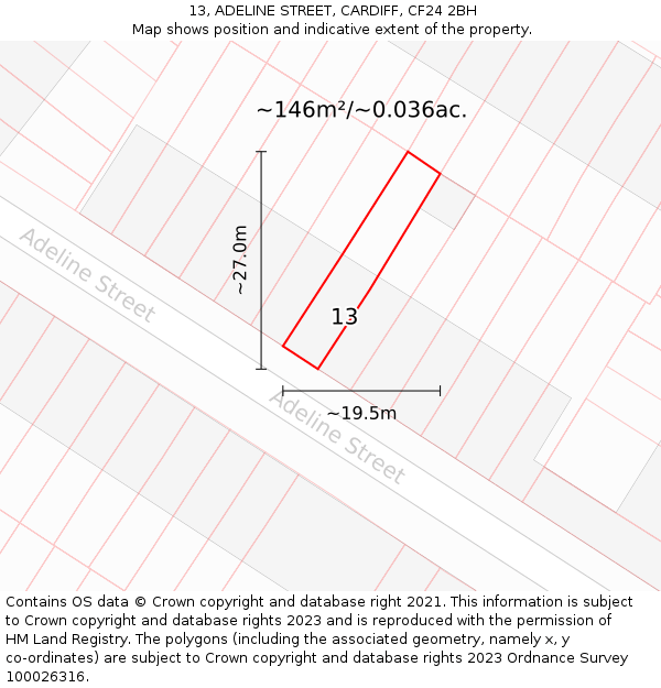 13, ADELINE STREET, CARDIFF, CF24 2BH: Plot and title map