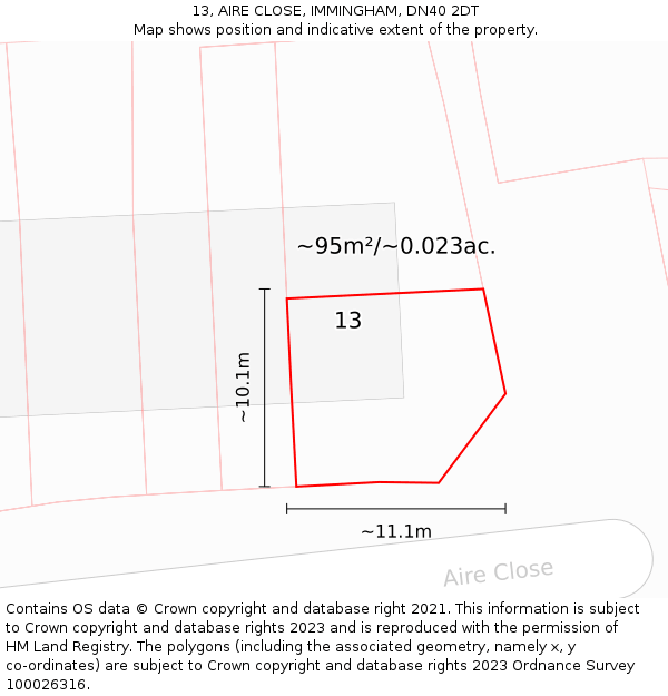 13, AIRE CLOSE, IMMINGHAM, DN40 2DT: Plot and title map