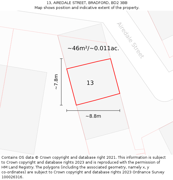 13, AIREDALE STREET, BRADFORD, BD2 3BB: Plot and title map