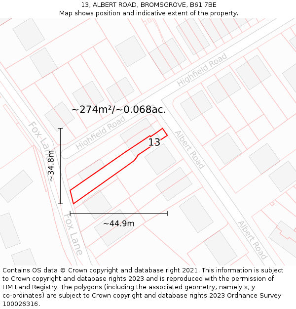 13, ALBERT ROAD, BROMSGROVE, B61 7BE: Plot and title map