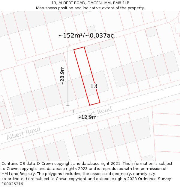13, ALBERT ROAD, DAGENHAM, RM8 1LR: Plot and title map