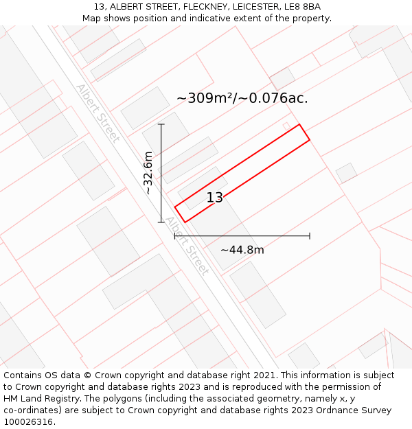 13, ALBERT STREET, FLECKNEY, LEICESTER, LE8 8BA: Plot and title map