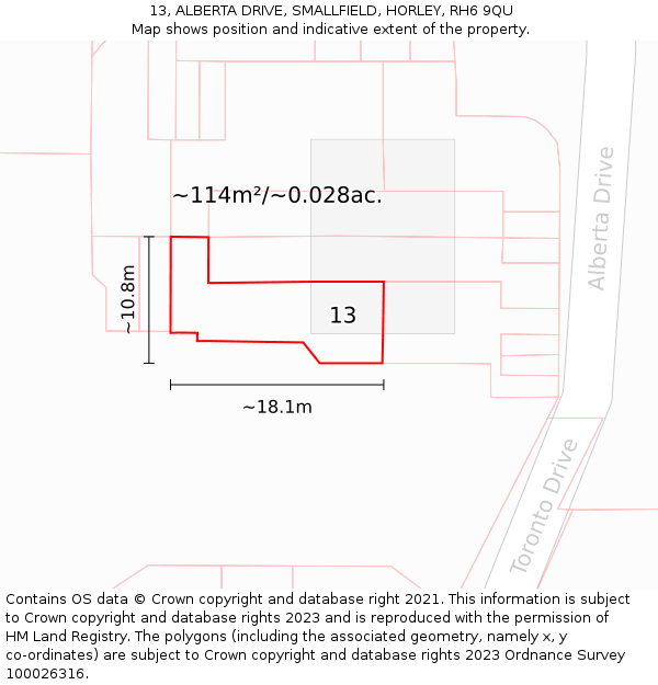 13, ALBERTA DRIVE, SMALLFIELD, HORLEY, RH6 9QU: Plot and title map