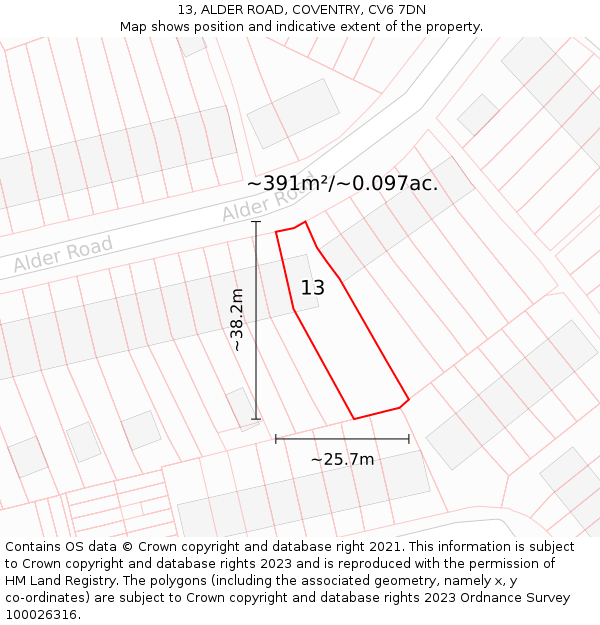 13, ALDER ROAD, COVENTRY, CV6 7DN: Plot and title map