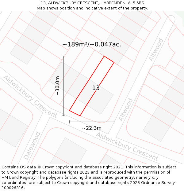 13, ALDWICKBURY CRESCENT, HARPENDEN, AL5 5RS: Plot and title map
