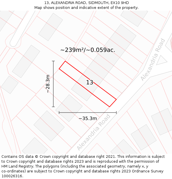 13, ALEXANDRIA ROAD, SIDMOUTH, EX10 9HD: Plot and title map