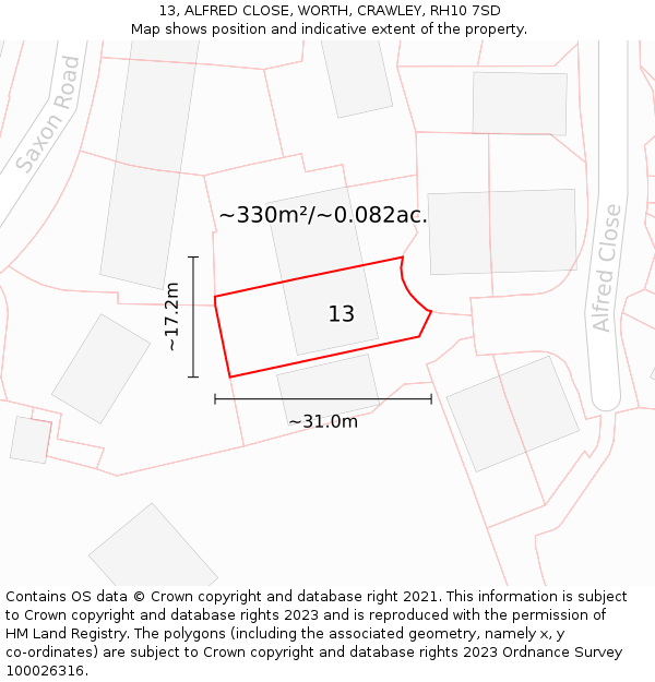 13, ALFRED CLOSE, WORTH, CRAWLEY, RH10 7SD: Plot and title map