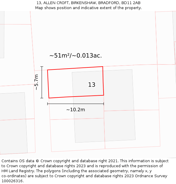 13, ALLEN CROFT, BIRKENSHAW, BRADFORD, BD11 2AB: Plot and title map