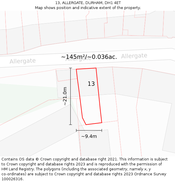 13, ALLERGATE, DURHAM, DH1 4ET: Plot and title map
