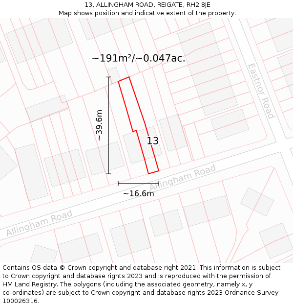 13, ALLINGHAM ROAD, REIGATE, RH2 8JE: Plot and title map