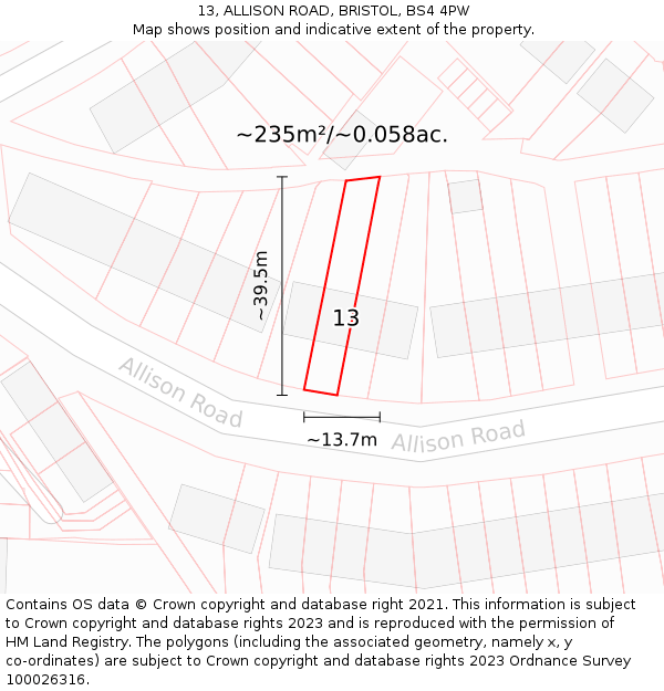 13, ALLISON ROAD, BRISTOL, BS4 4PW: Plot and title map