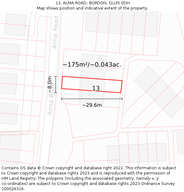 13, ALMA ROAD, BORDON, GU35 0DH: Plot and title map
