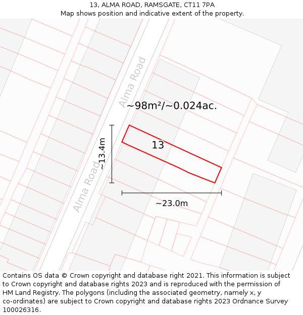 13, ALMA ROAD, RAMSGATE, CT11 7PA: Plot and title map