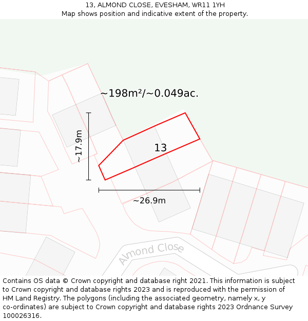 13, ALMOND CLOSE, EVESHAM, WR11 1YH: Plot and title map