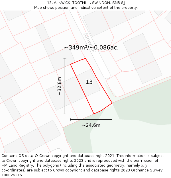 13, ALNWICK, TOOTHILL, SWINDON, SN5 8JJ: Plot and title map