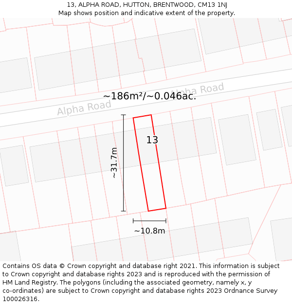 13, ALPHA ROAD, HUTTON, BRENTWOOD, CM13 1NJ: Plot and title map