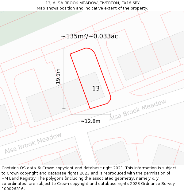 13, ALSA BROOK MEADOW, TIVERTON, EX16 6RY: Plot and title map