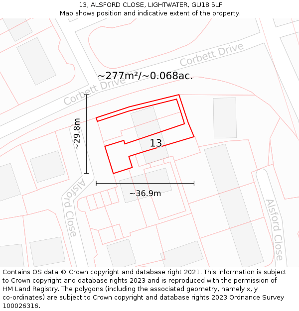 13, ALSFORD CLOSE, LIGHTWATER, GU18 5LF: Plot and title map