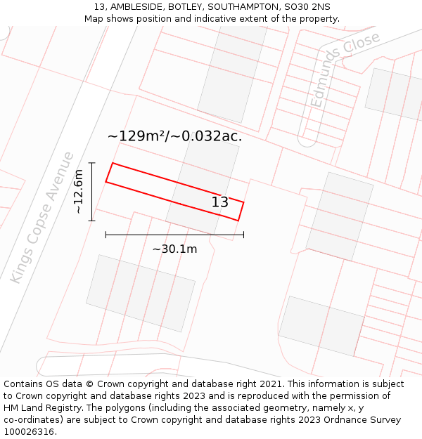13, AMBLESIDE, BOTLEY, SOUTHAMPTON, SO30 2NS: Plot and title map